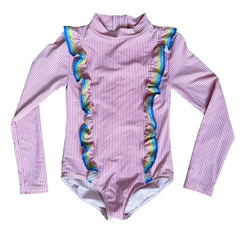 Mini Boden Girls Striped One-Piece Swimsuit with Ruffles Size 8-9 Long Sleeve